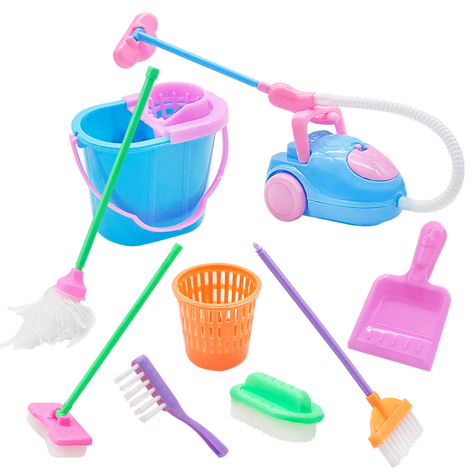 9 Pieces Miniature Dollhouse Cleaning Supplies, Mini Mop, Dustpan, Brush, Broom and Bucket Housework Tools, Doll House Accessories Pretend Play Decoration