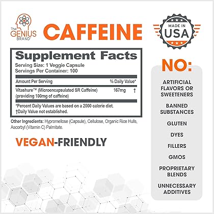Genius Caffeine Pills 100mg, Extended-Release Microencapsulated Caffeine Pills - All-Natural Non-Crash Sustained Energy, Focus & Concentration Supplement - Nootropic Brain Booster - 100 Capsules