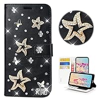 STENES Bling Wallet Phone Case Compatible with iPhone 15 Pro Max - Stylish - 3D Handmade Star Butterfly Design Leather Girls Women Cover with Neck Strap Lanyard [3 Pack] - Black