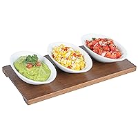 Restaurantware 9 Ounce Bowl Set with Tray - 1 Dishwashable Serving Set Includes 3 Porcelain Bowls And 1 Bamboo Tray Durable White Porcelain And Bamboo Bowl And Tray Set Reusable Freezable