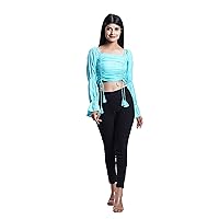 Turquoise Blue Solid Gathered Cord Tie-Up Crop Top