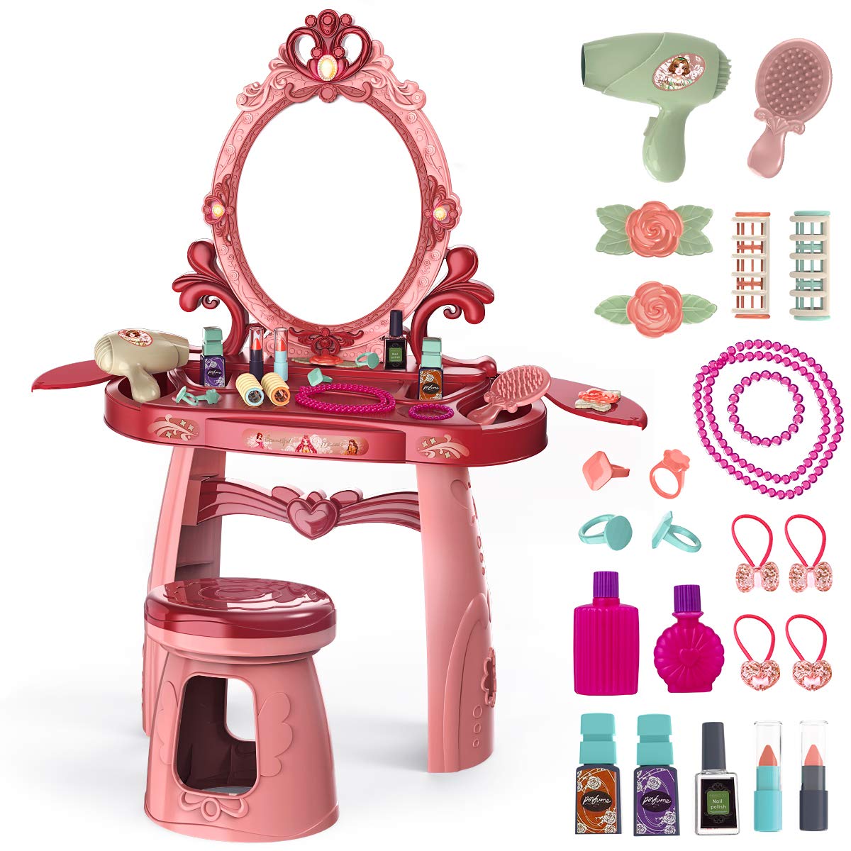 Meland Toddler Vanity Set - Kids Toy Vanity Table for Little Girls with Sound and Light Mirror and Beauty Accessories, Birthday Toys for Little Princess Pretend Play