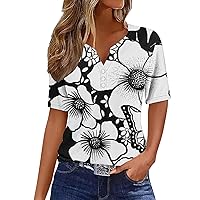 Womens Henley Shirts Summer Boho Floral Print T-Shirt V Neck Short Sleeve Button Down Tunic Tops Vintage Graphic Tee