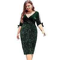 LALAGEN Women Plus Size Bodycon Pencil Midi Dress Stretchy Sequin Wrap V Neck Half Sleeve Velvet Party Dress 1X-5X