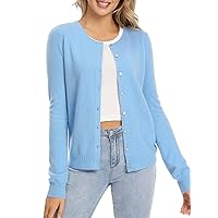 LANPULUX 100 Percent Wool Sweater for Women Cardigan Button Open Front Crewneck Top