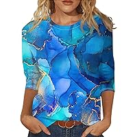 Womens Summer Tops 3/4 Sleeves Dressy Casual Geometric Print Graphic Tees Athletic Crewneck Shirts Plus Size Blouses