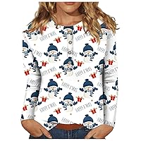 Womens Long Sleeve Tops Retro Button Up Christmas Shirt Crew Neck Sexy Oversized Tshirt Cute Teen Girl Clothes