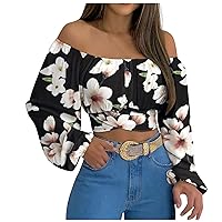 Women's Sexy Off Shoulder Crop Tops, Fall Fashion Floral Print Blouses Ladies Strapless Lantern Long Sleeve Tube Tops