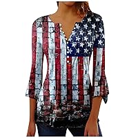 4th of July Shirt Independence Day 3/4 Sleeve Tops for Women USA Printed Casual Summer Tshirts 2024 Blouse Tees