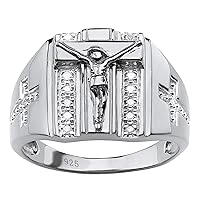 PalmBeach Men's Yellow Gold-Plated or Sterling Silver Round Genuine Diamond Crucifix Ring (1/10 cttw, I Color, I3 Clarity)