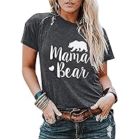 Women Mama Bear Graphic T-Shirt Crew Neck Loose Fit Summer Tops Short Sleeve Blouses