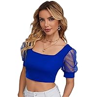 Women's Tops Sexy Tops for Women Shirts Square Neck Puff Sleeve Top (Color : Royal Blue, Size : Small)