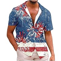 Mens Distressed Hawaiian Shirts Summer Button Up Short Sleeve Casual Beach Shirt July 4th Stars Print Bowling Blouse