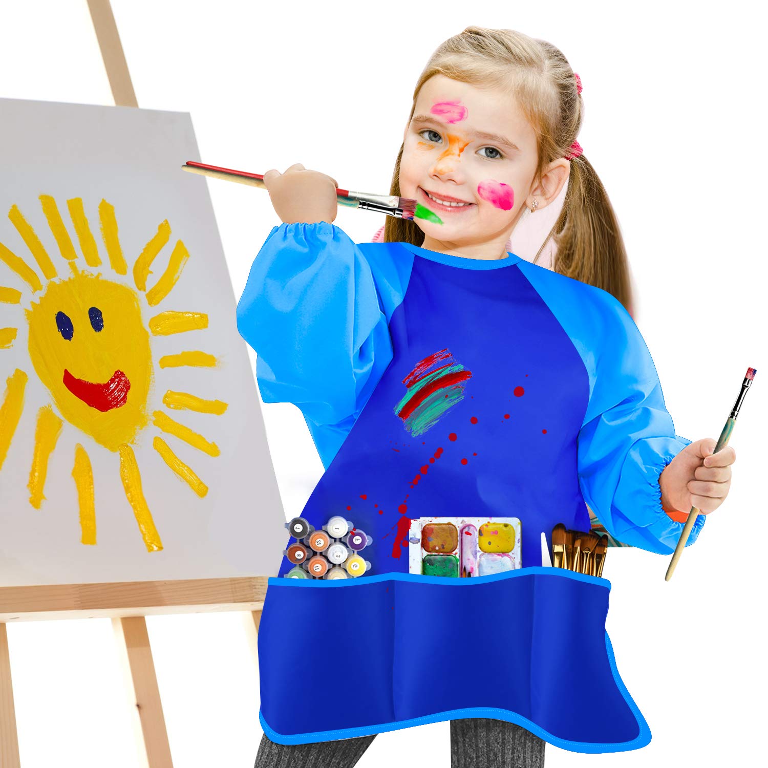 KUUQA Waterproof Children Art Smock Kids Art Aprons with 3 Roomy Pockets,Painting Supplies (Paints and brushes not included)