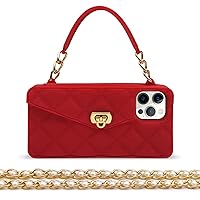 for iPhone 15 Pro Max Wallet Case with Card Holder Luxury Chain Case with Long Pearl Shoulder Crossbody Lanyard Wrist Strap Soft Silicone Handbag Cover for iPhone 14 Pro Max Women Girls, Red