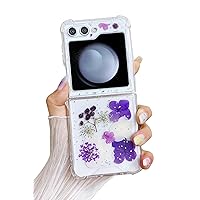 Compatible Samsung Galaxy Flip 5 Case Clear Dried Pressed Flowers Women Girls Soft TPU Shockproof Protective Phone Cover for Samsung Galaxy Z Flip 5 (White Purple)