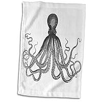 3D Rose Vintage Octopus-Black and White Lord Bodner Kraken-Cthulu-Nautical Underwater Sea Giant Squid Hand/Sports Towel, 15 x 22