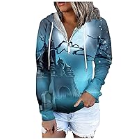 Sweatshirts For Women Halloween Pattern Hoodies Trendy Button Down Hooded Pullover 2023 Loose Long Sleeve Tops