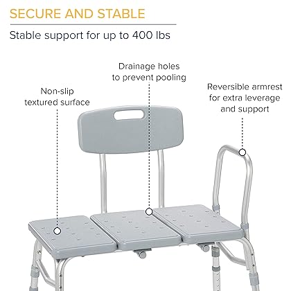 Drive Medical 12011KD-1 Tub Transfer Bench For Bathtub, Height Adjustable Shower Bench with Backrest, Shower Seat Shower Chair Bath Chair for Elderly, Seniors, Arm Support for Transfer, 400 Weight Cap
