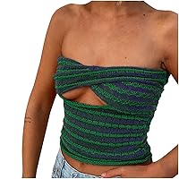 Women Sexy Bandeau Tube Top Twist Front Cutout Cropped Sweater Striped Ribbed Knit Crop Top Sexy Y2K Blouse Sexy Tee