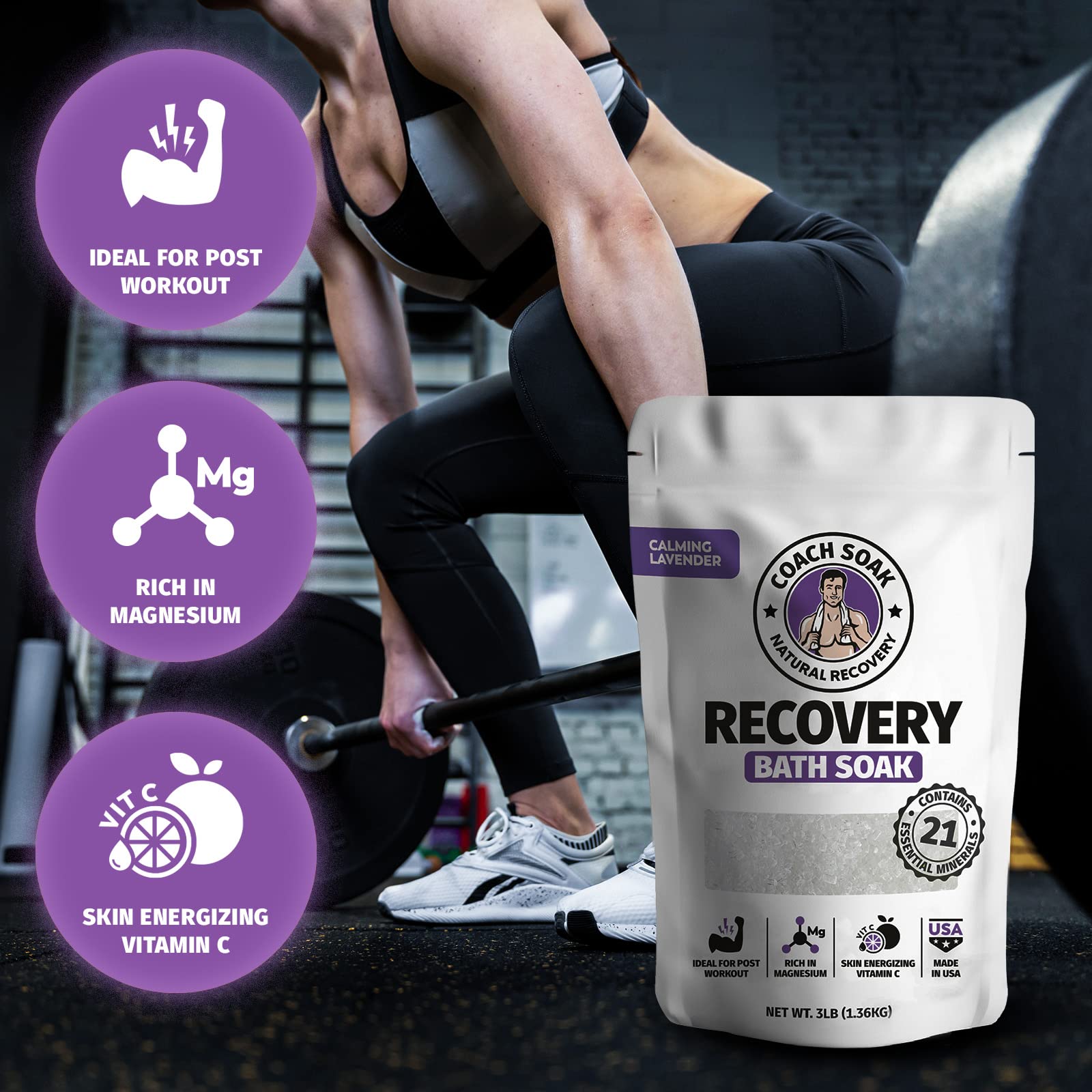 Coach Soak: Recovery Bath Soak - Absorbs Faster Than Epsom Salts for Soaking for Pain – Rejuvenating Post Workout Magnesium Flakes -21 Minerals, Essential Oils & Dead Sea Bath Salts (Calming Lavender)