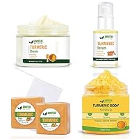 Turmeric Skincare Collection: Face Serum, Body Scrub, Soap Bar, Cream, and Facial Care.