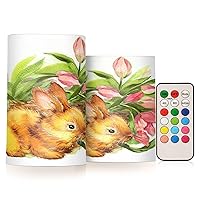 Easter Funny Bunny Tulip Flowers Spring Flickering Flameless Candles Battery Operated with Remote Timer,Tea Light Candles LED Pillar Votive Candles Set of 2 for Outdoor Indoor Decorations