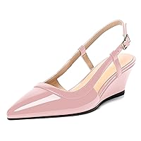 Womens Buckle Patent Slingback Evening Solid Pointed Toe Sexy Wedge Low Heel Pumps Shoes 2 Inch