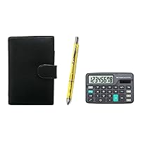 Eco B7 Cowhide Leather Mini System Notebook with Mini Calculator, Black, 3 Mecha Japan Clear Set, Yellow, T23-D-LS002B-CL3M-Y