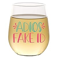 21st Birthday Gifts for Her Unique | Adios Fake ID | Funny Cute Wine Glass for Women | Stemless 15oz in Gift Box | Happy 21st Birthday Gift for Women | Funny Gift Ideas for Sister, Friend, Coworker