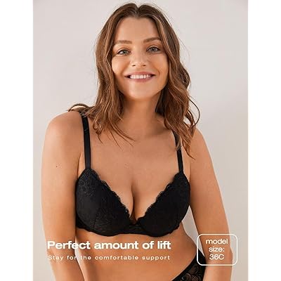 Deyllo Womens Push Up Lace Bra Comfort Padded Underwire Bra Lift Up Add One  Cup