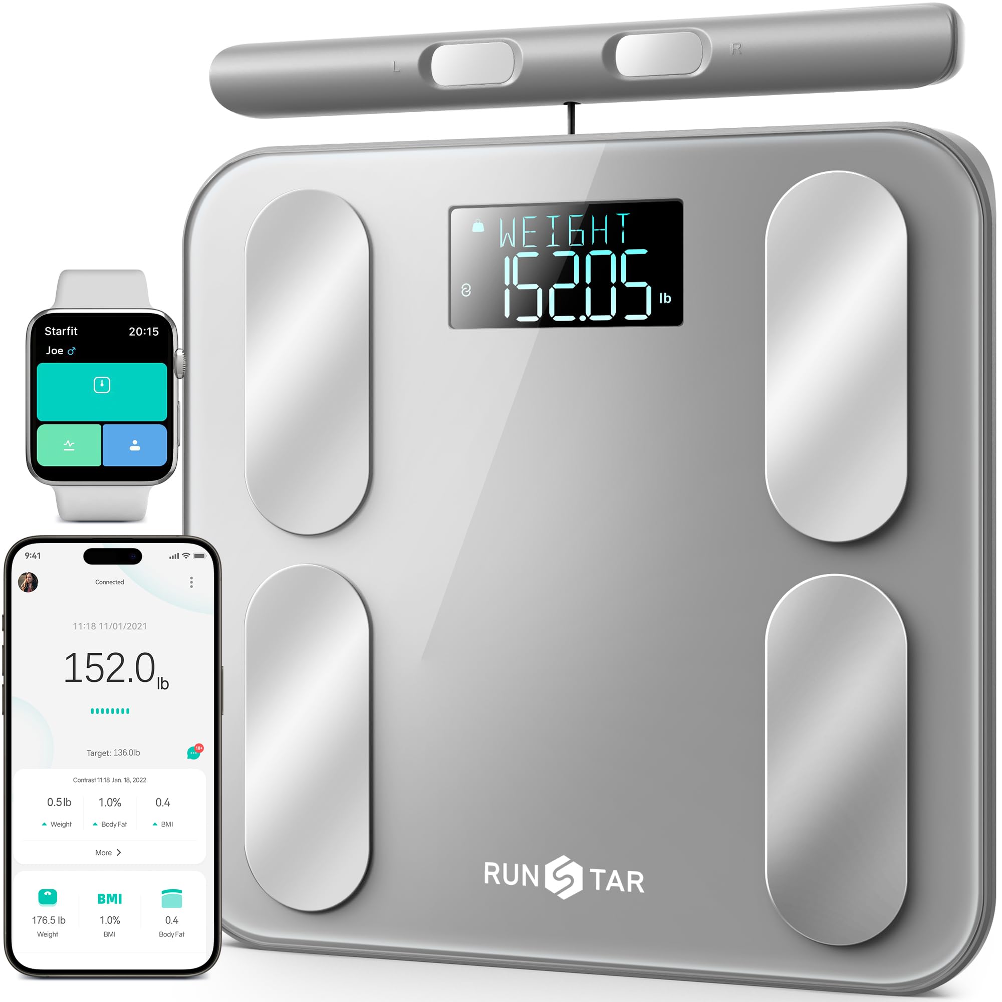Runstar Digital Bathroom Scale for Body Weight, Body Fat, BMI 28 Measurements, Innovative 8-Electrode Smart Scales FSA or HSA Eligible with Voice Prompt Function High Accurate Bluetooth Weight Machine