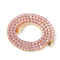 Hip Hop 18k Gold Plated Lab Diamond Necklace Iced Out 4mm Pink Tennis Chain for Men Women