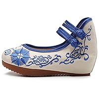 Qianmome Chinese Old Beijing Womens Floral Embroidery Strappy Round-Toe Platform Wedges