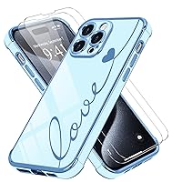 LCHULLE for iPhone 15 Pro Max Case Cute for Women Girls with 2 Screen Protector Love Heart Design Luxury Plating Soft TPU Shockproof Camera Lens Protection Phone Case Cover for iPhone 15 Pro Max, Blue
