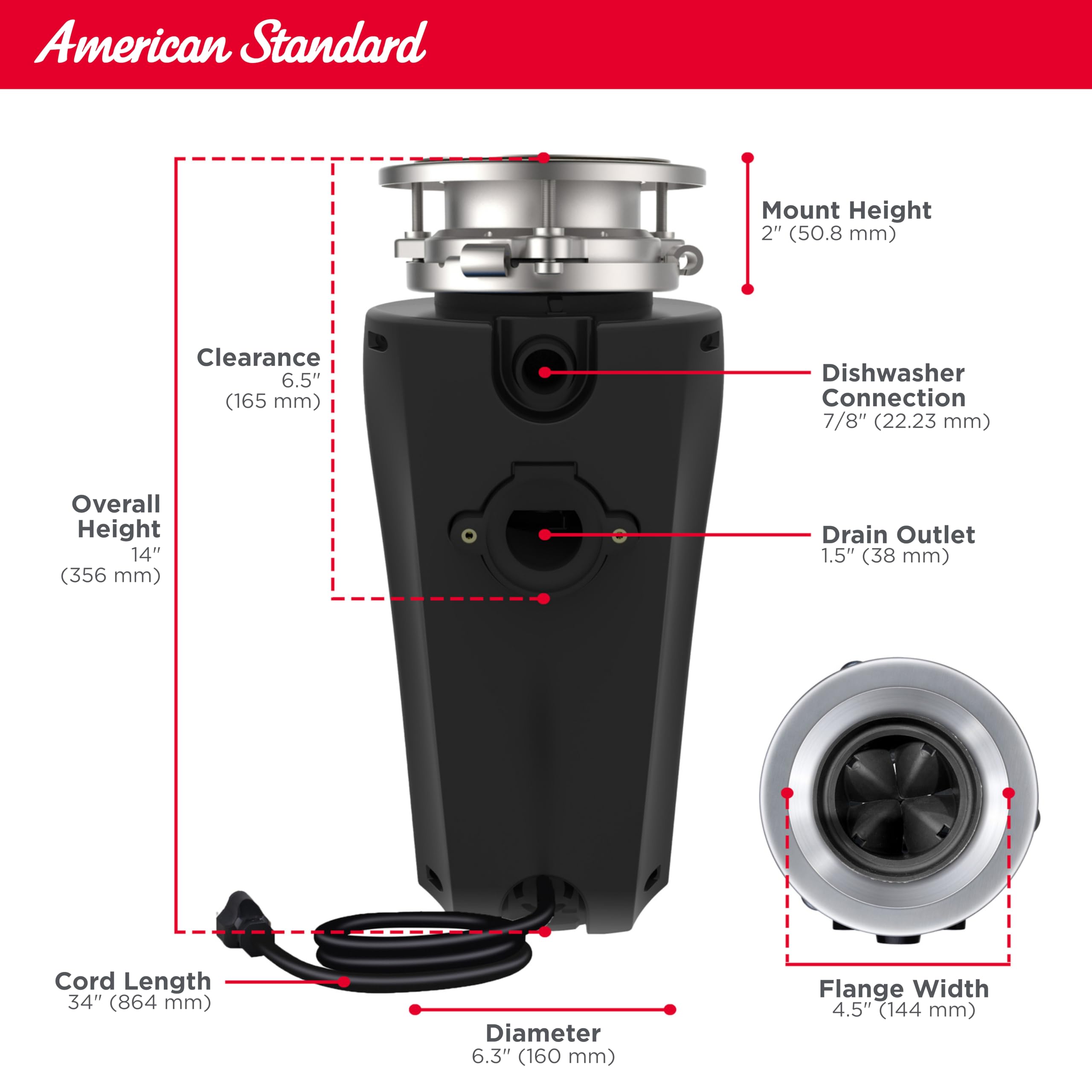 American Standard 10-US-AS-12-SL Garbage Disposer, 1.25 HP Slim, Black