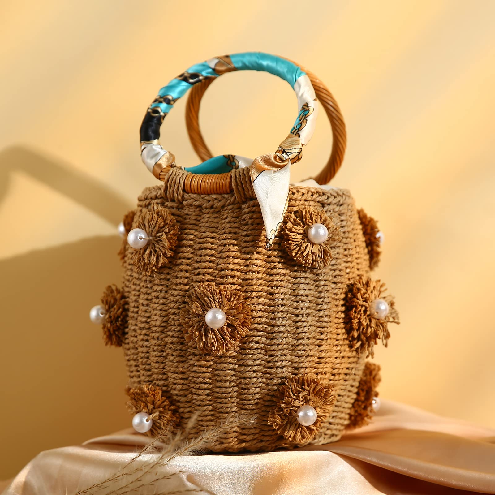 NIBD Flower Pearls Rattan Tote Bag Summer Beach Drawstring Straw Bucket Bag Diamonds Woven Handbag