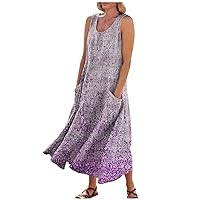 Fit and Flare Dress for Women, Womens Dresses Casual Black Dress for Women Sleeveless Dress Women's Fashion Round Neck Summer Floral Print Trendy with Pocket Swing Daily 2024 (Purple,X-Large)
