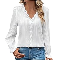 Womens Spring Tops, Ladies Deep V Neck Shirts Sexy Lace Balloon Sleeve Blouses Plain Solid Color Tunic Tops