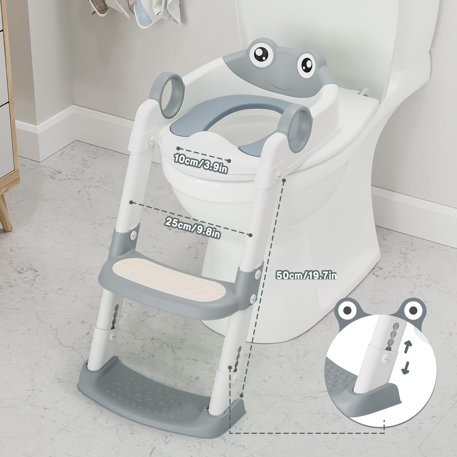 Potty Training Seat with Step Stool Ladder for Toddlers as a Potty Training Toilet Anti-Slip Safe Pads Adjustable Height Legs Gray