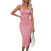 HOTOUCH Women's Summer Bodycon Dress Square Neck Sleeveless Midi Tank Sundress Sexy Ribbed Side Slit Party Dresses