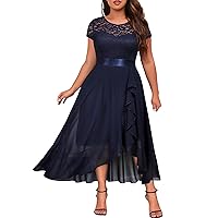 Knitee Women's Plus Size Floral Lace Ruffle Contrast Chiffon Formal Bridesmaid Party Cocktail Maxi Dress