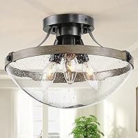 LOG BARN Semi Flush Mount Ceiling Light Fixture, 3-Light Close to Ceiling Lighting with Seeded Glass Shade, Faux Wood Farmhouse Ceiling Light for Bedroom, Hallway, Kitchen, Foyer, 11 1/2