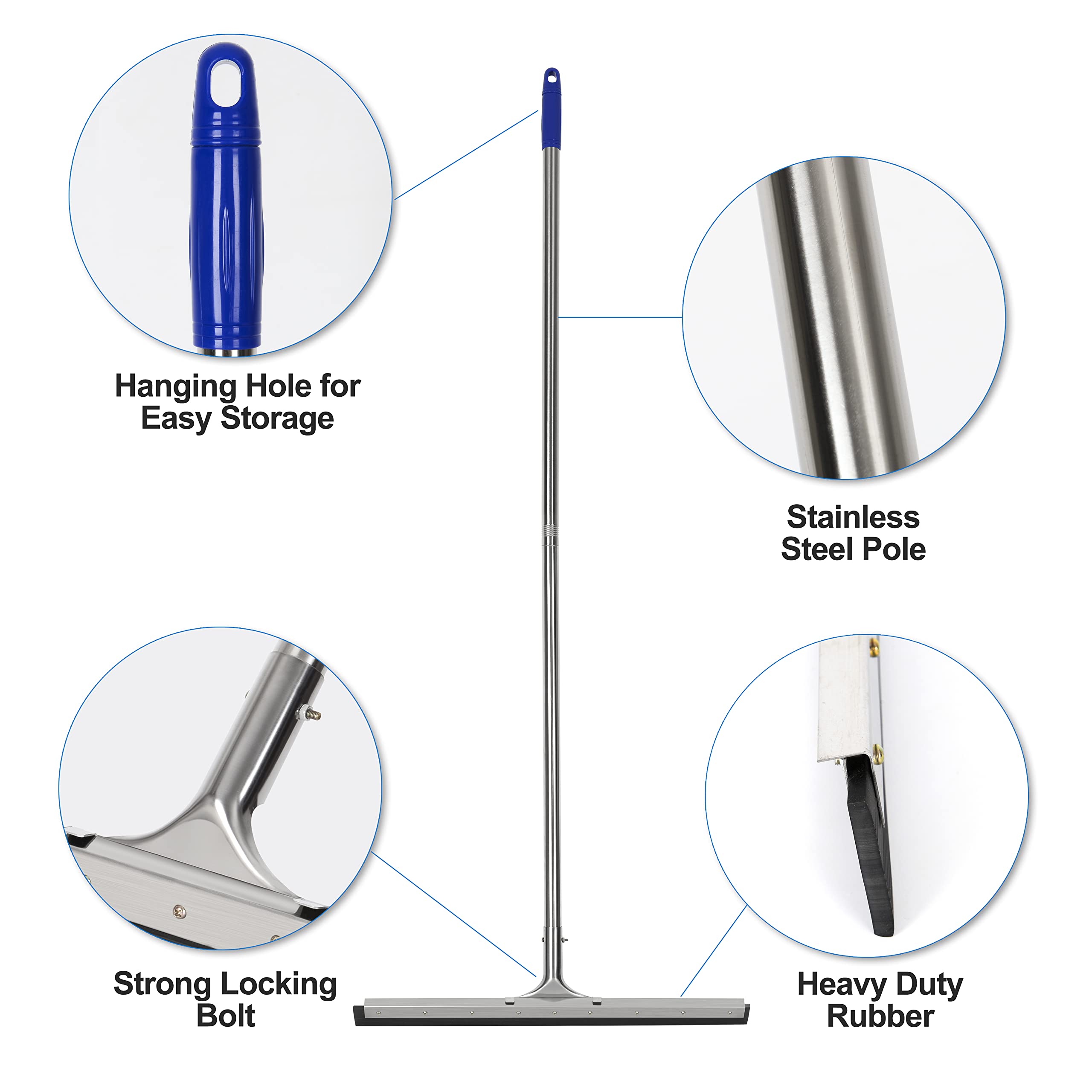 Floor Squeegee Scrubber 55inch Long Stainless Steel Handle with 22inch Wide Silicon Rubber Blade - Perfect Squeegee Broom for Floor Washing and Drying Shower Glass, Marble, Wood Surfaces