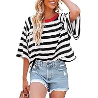 Women's Striped Oversized T Shirts Crewneck Summer Tops for Women 2024 Trendy Casual Loose Tee Shirts Comfy Tunic Tops