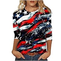 American Flag Patriotic T Shirts Women's Summer Casual 3/4 Sleeve Holiday Tops 4th of July Crew Neck Fashion Tees
