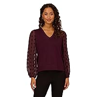 Adrianna Papell Women's V Neck 3/4 Woven Bubble Sleeve Sweater