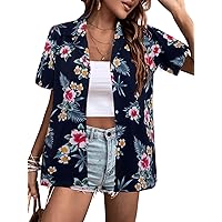 FAYALEQ Womens Summer Hawaiian Shirts Soft Cool Floral Tropical Print T-Shirt Button Down V Neck Short Sleeve Tee Tops