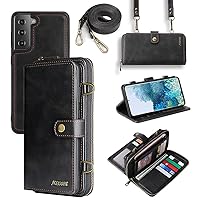 for Samsung Galaxy S22+Plus Wallet Case, Multi-Function,Detachable 3 in 1 Magnetic,Flip Strap Zipper Card Holder Phone Case with Shoulder Straps (Black)
