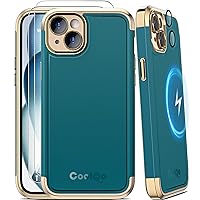 COOLQO Magnetic for iPhone 15 Plus Case 2X[Tempered Glass Screen Protector+Camera Lens Protectors] Shockproof Protective Phone Case for iPhone 15 Plus, Green Gold